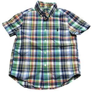 VTG Ralph Lauren Pony Shirt Boys Plaid Green Short Sleeve Embroidered Logo 4/4T